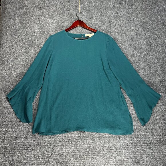Michael Kors Blouse Womens Large Green Long Bell Sleeve Top Keyhole Neck NEW - Picture 1 of 8